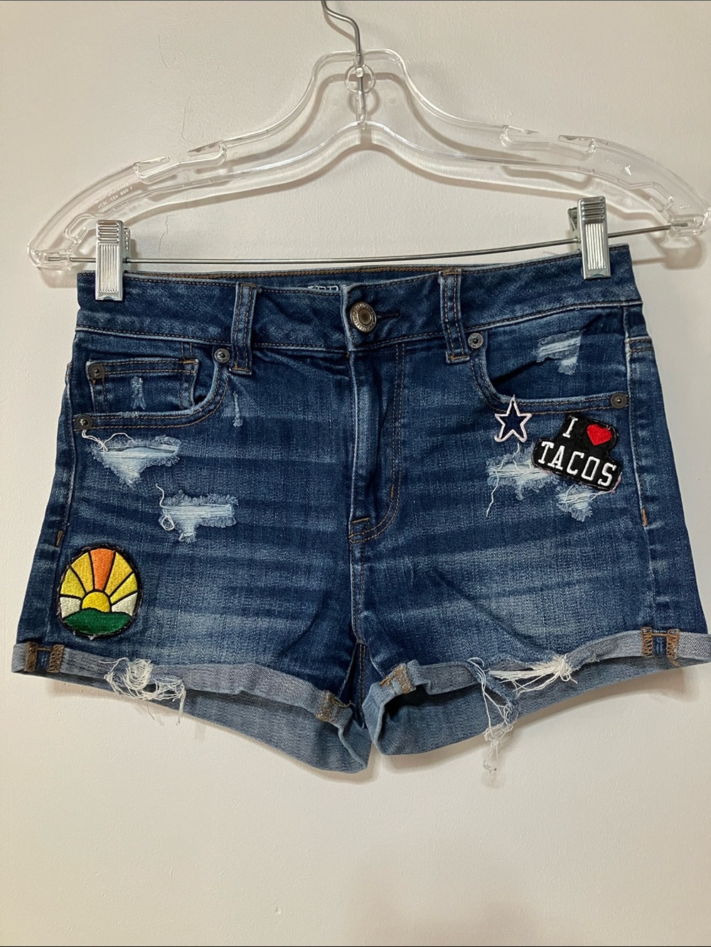 American Eagle High Waisted Shortie Distressed Denim Cutoff Jean Shorts Sz 2